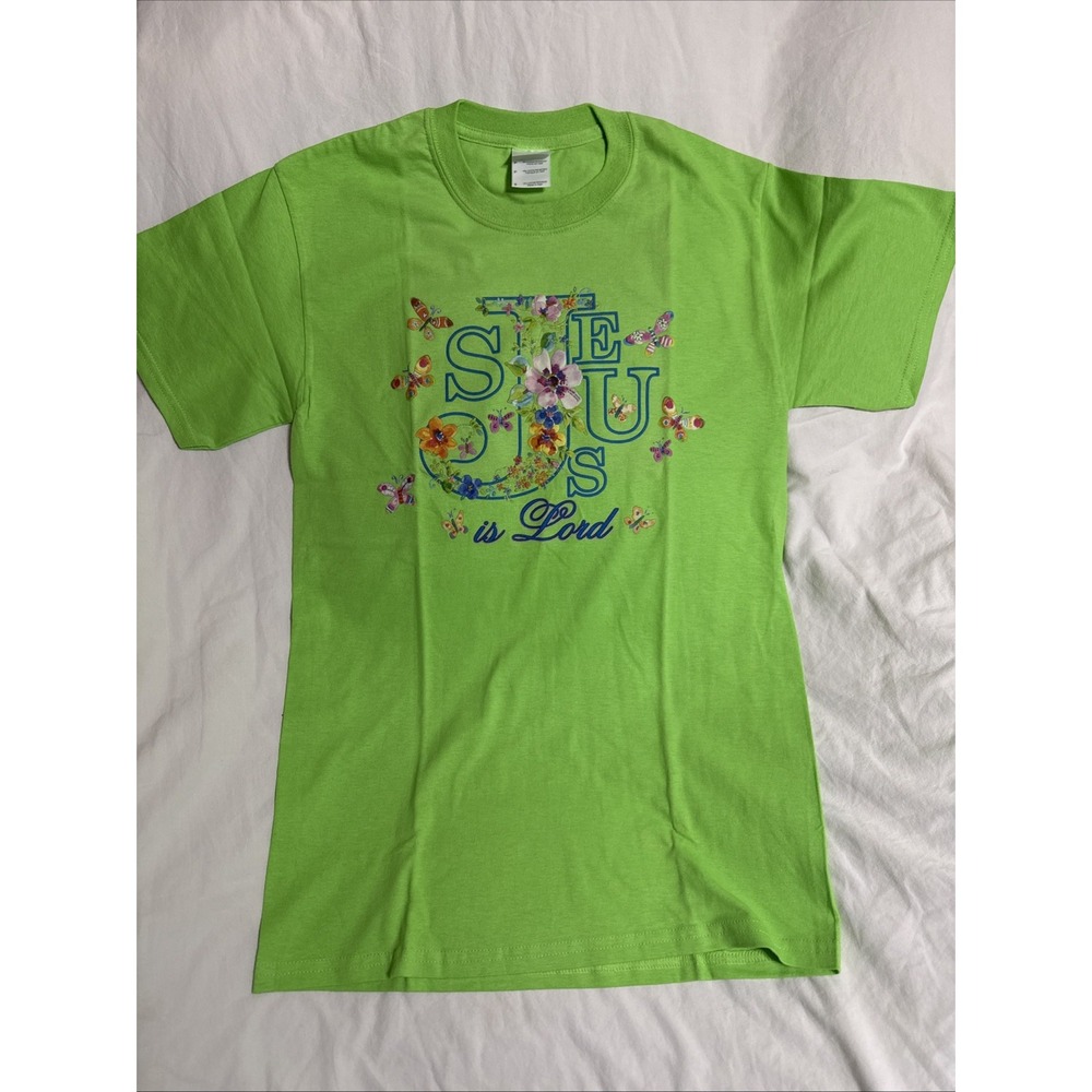 Jesus Is Lord T Shirt S NWOT Neon Green Floral Graphic Tee Air Waves